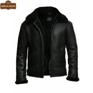 B004 B3 RAF Flying Aviator Real Fur Bomber Black Winter Genuine Leather Men's Jacket