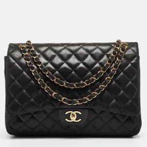 Black Quilted Lambskin Leather Maxi Classic Double Flap Bag
