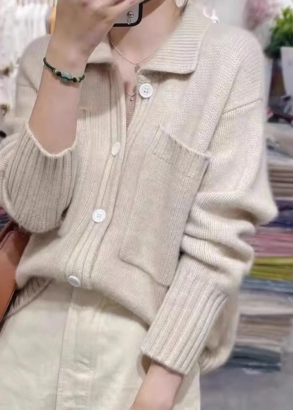 Casual Beige Peter Pan Collar Button Thick Cashmere Knit Sweater Fall LY9906