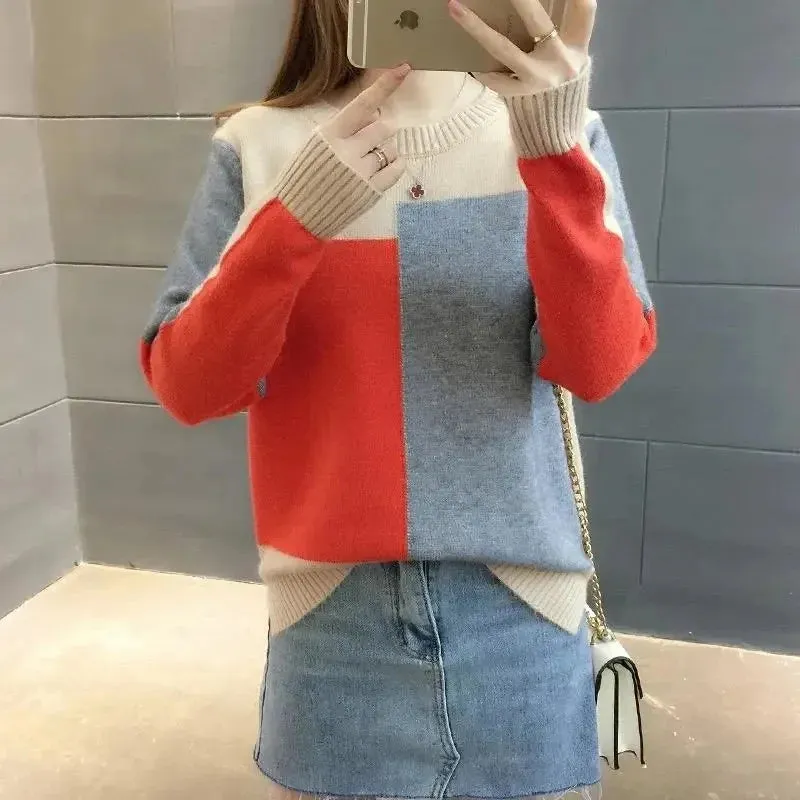 Women's Autumn Winter Patchwork Knitted Sweater